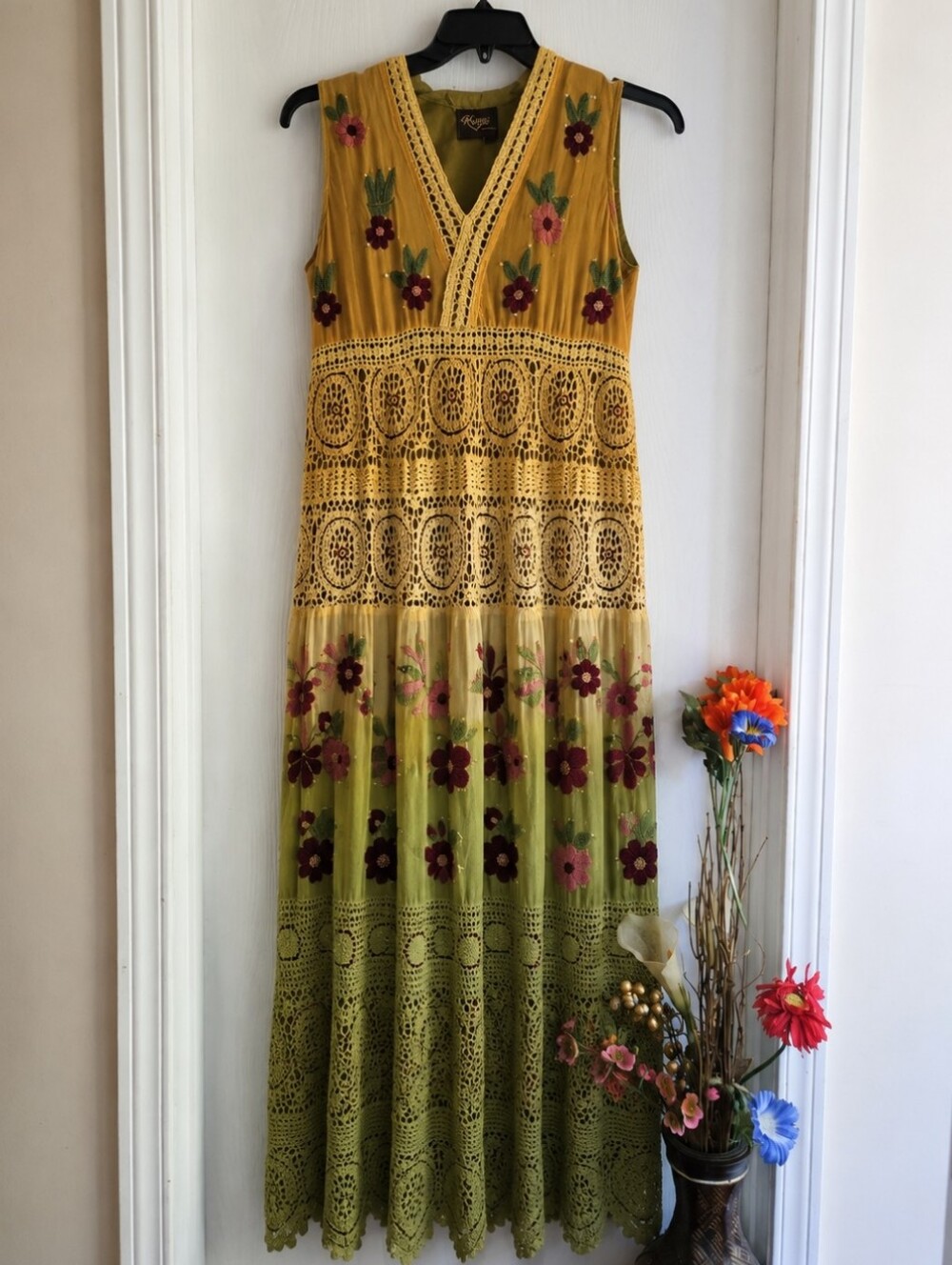Boho Lace Embroidered Maxi Dress Vintage Inspired Crochet Boutique - Picture 5 of 14